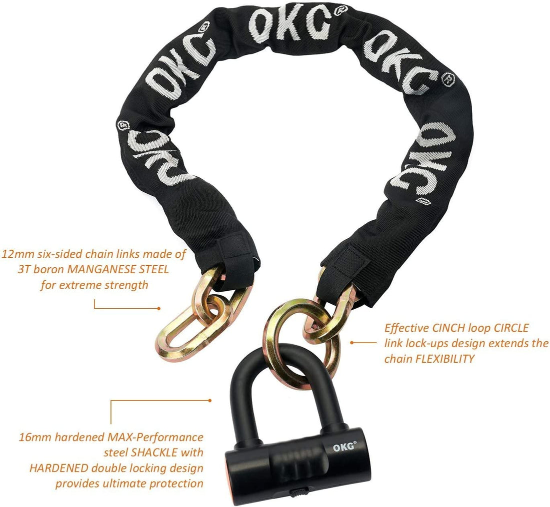 OKG Ultra Security Motorcycle Chain Lock, 4 Keys, 13lbs, 5 ft x 1/2in (12mm) Thick Lock Chain Heavy Duty Chain Lock, High Security Cut Proof Chain and Anti Theft U Lock
