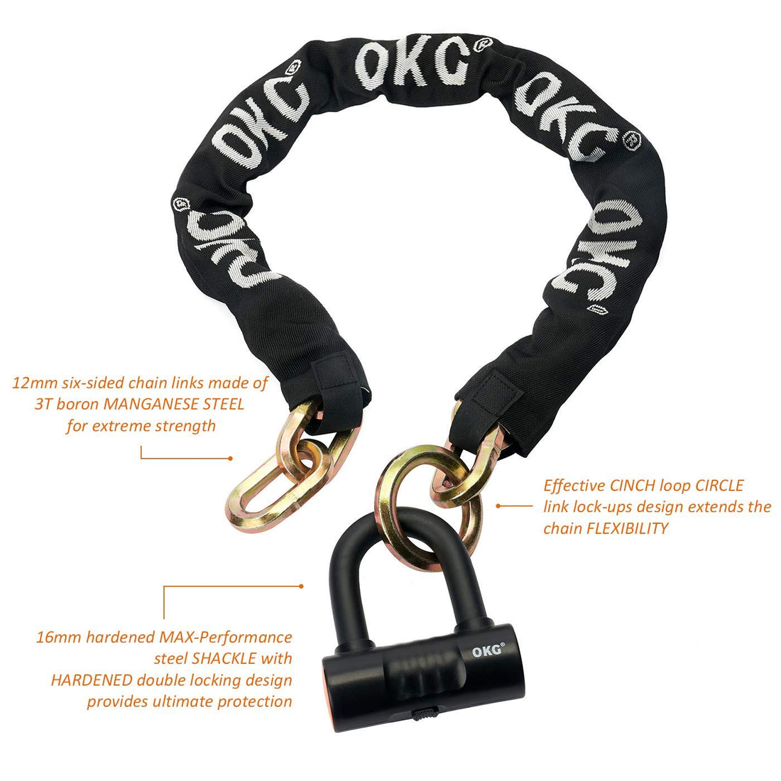 OKG Heavy Duty Motorcycle Chain Lock, 4 Keys, 3.3 ft x 1/2 in (12mm) Thick Hexagonal Noose Security Chain with 18mm Cut Proof Hardened Alloy Steel U Lock for Motorcycles, Bikes, Mopeds, ATVs, and More