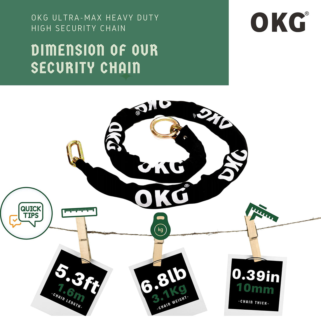 OKG Ultra Security Chain - 5.3ft x 3/8 in. Thick Heavy Duty Bicycle Lock Chain - 10mm Special Hardened Alloy Steel Chain - Premium Cut Proof Chain Ideal for Motorcycles, Generators, Ebikes (No Lock)