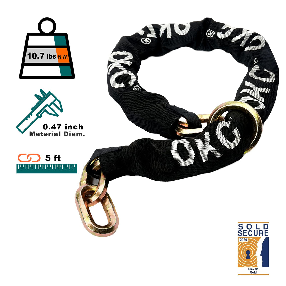 OKG Maximum Security Chain, 10 lbs, 5 ft x 1/2 in (12mm) Thick Cut Proof Chain with Hardened Steel Heavy Duty Cinch Chain Anti-Theft Hexagonal Chain for Motorcycles, Trailers, Generators (No Lock)