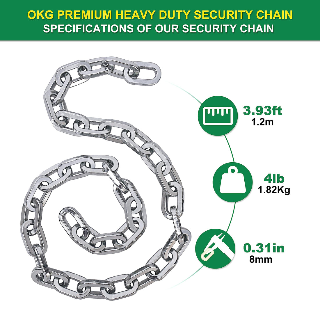 OKG Heavy Duty Security Chain, 3.9ft x 5/16" Thick Outdoor Gate Chain, Cut Proof Chain Made of Hardened Alloy Steel Chain, Ideal for Fence Gates, Bicycles, Moped, Trailers, Generator, etc