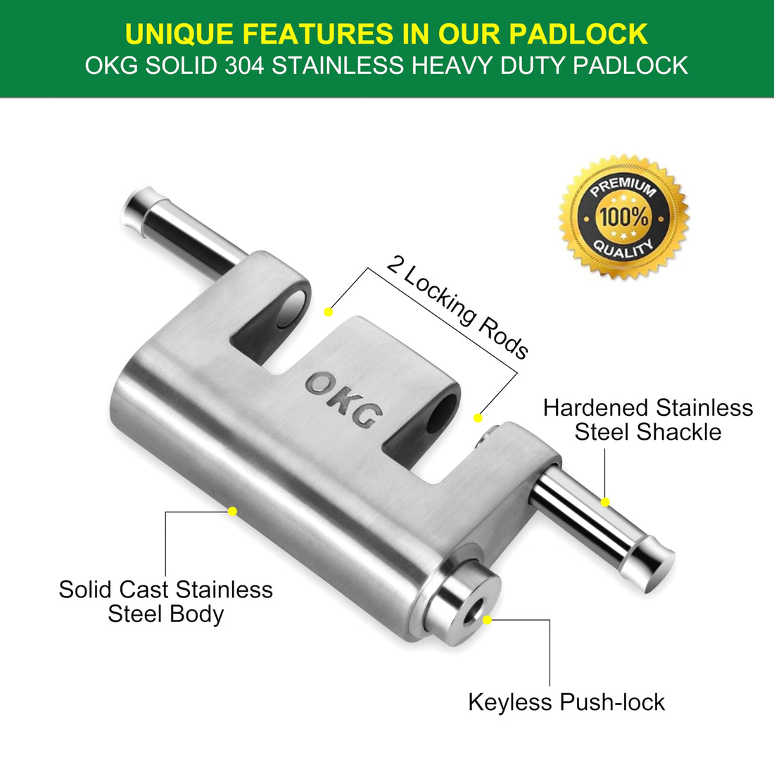 OKG Ultra Secure Stainless Steel Lock - 3 Keys, 2 Rods, Heavy Duty Solid Cast Padlock - 7/16" Shackle, Push Cylinder, Rust Proof Outdoor Lock - Combo Security Chain for 2-Wheeled Vehicle (No Chain)