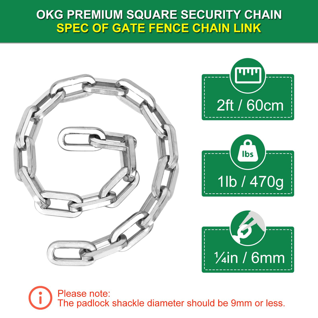 OKG Security Chain - 2 Foot x 1/4" Thick Outdoor Gate Chain, Cut Proof Chain Made of Hardened Alloy Steel Chain for Fences, Bicycles, Pet Cages, Corral Supplies