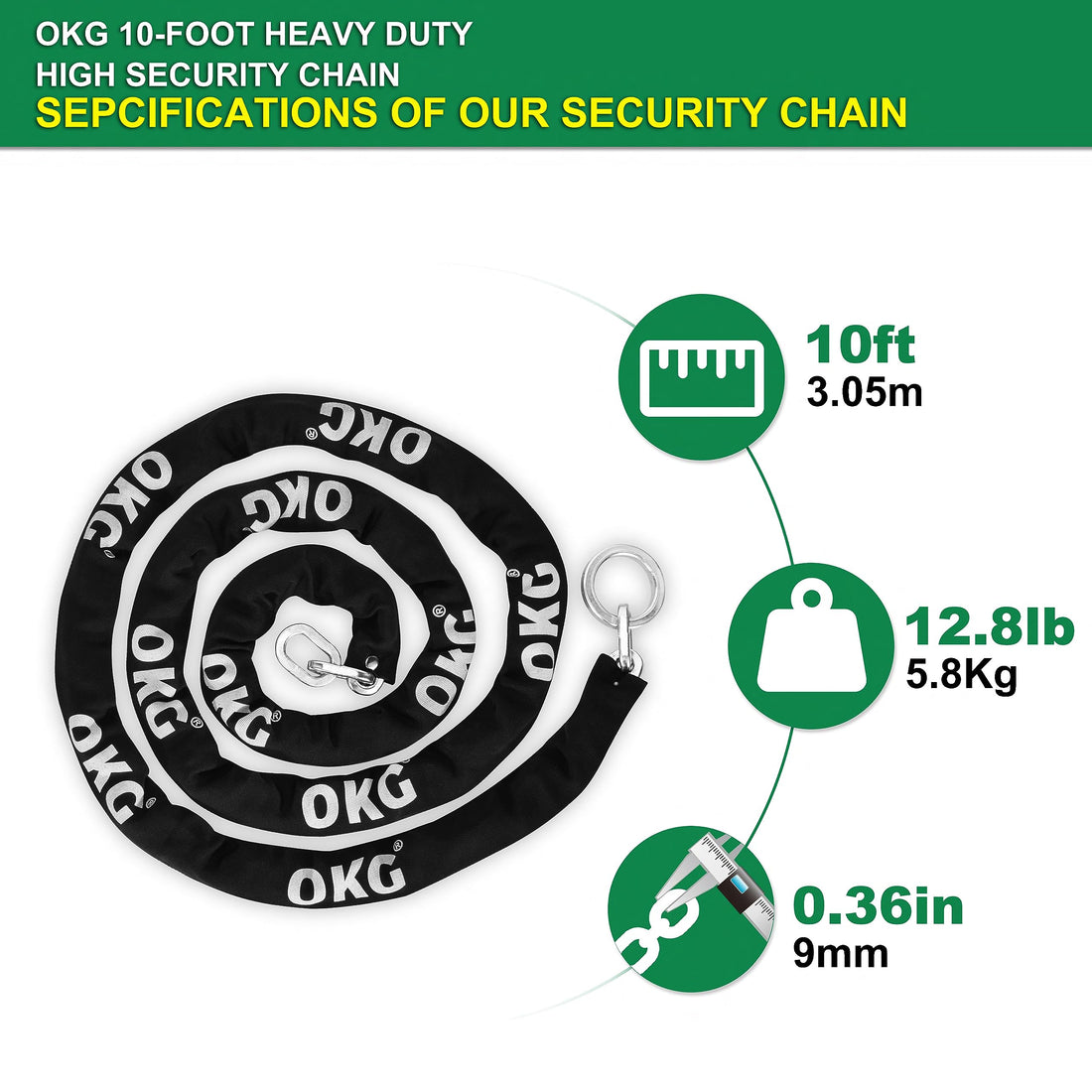 OKG Extra Long Security Chain - 10-Foot x 3/8" Thick Heavy Duty Chain, Eco-Zinc Plated - Uncuttable Chain for Outdoor & Indoor Use -Bike & Motorcycle Lock Chain - for Two or More 2 Wheeled Vehicles