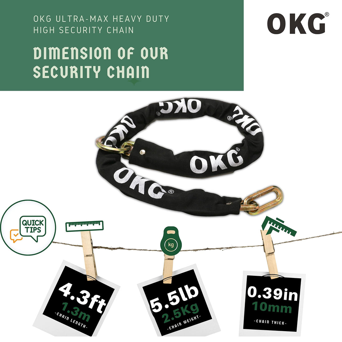 OKG Hardened Steel 4.3 Foot x 3/8" (10mm) Thick Hexagonal Heavy Duty Security Chain for Bicycles, Motorcycles, Trailers, E-Cargo Bikes, Generators, ATV's, etc.