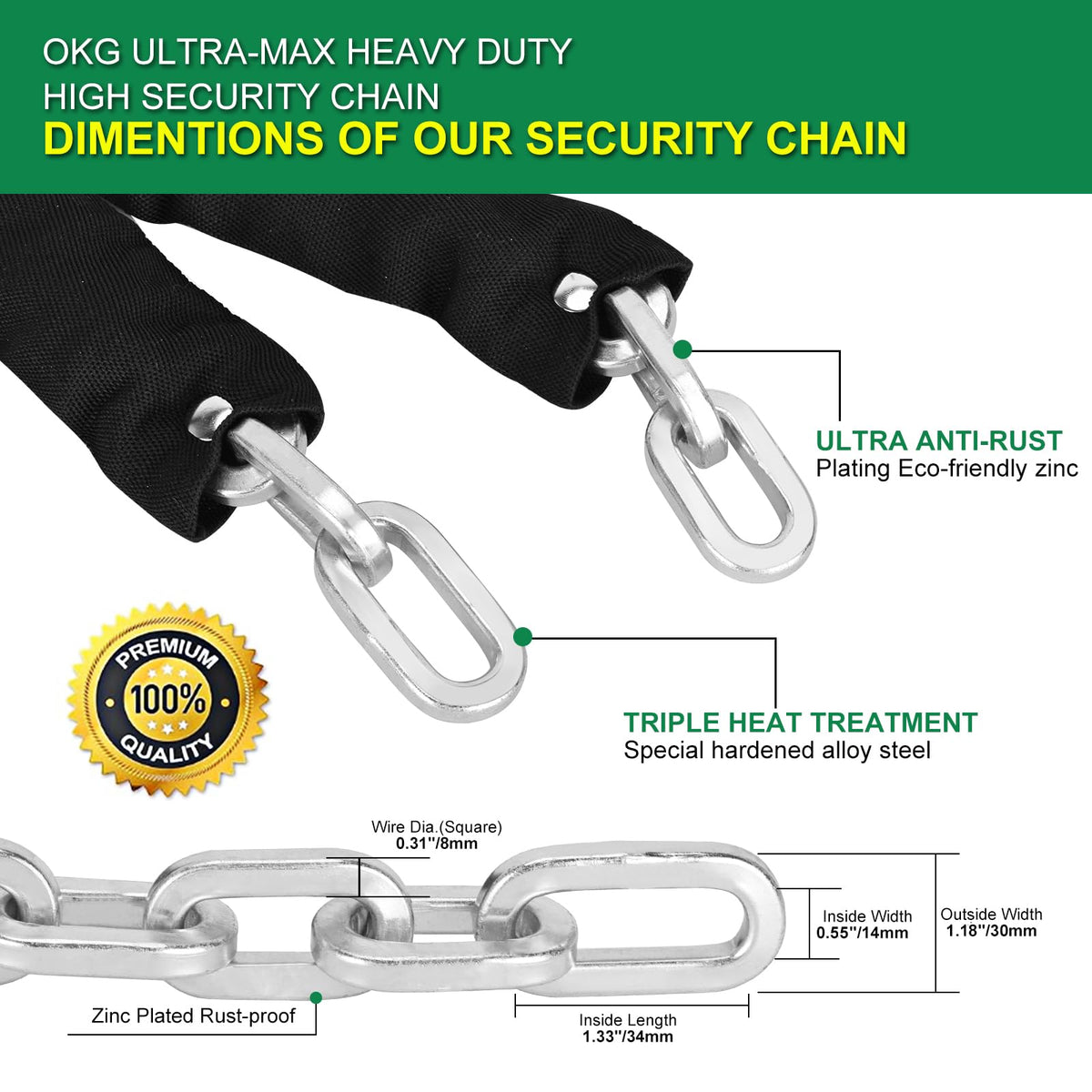 Large Security Chain OKG Heavy Duty Security Chain - 10 Foot x 5/16” Thick Square Security